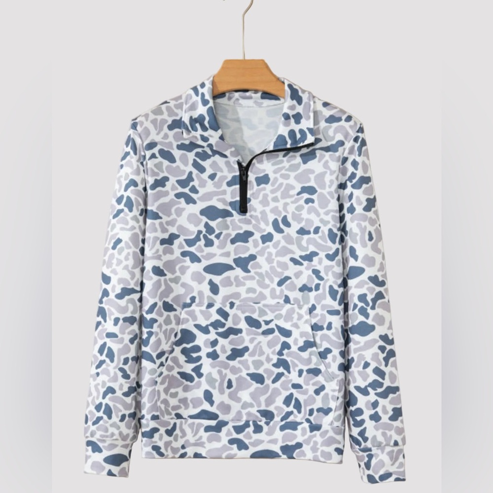 Blue and Gray Camouflage Quarter-Zip Pullover
